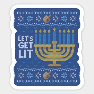 Funny Ugly Hanukkah Sweater, Let's Get Lit Menorah Sticker